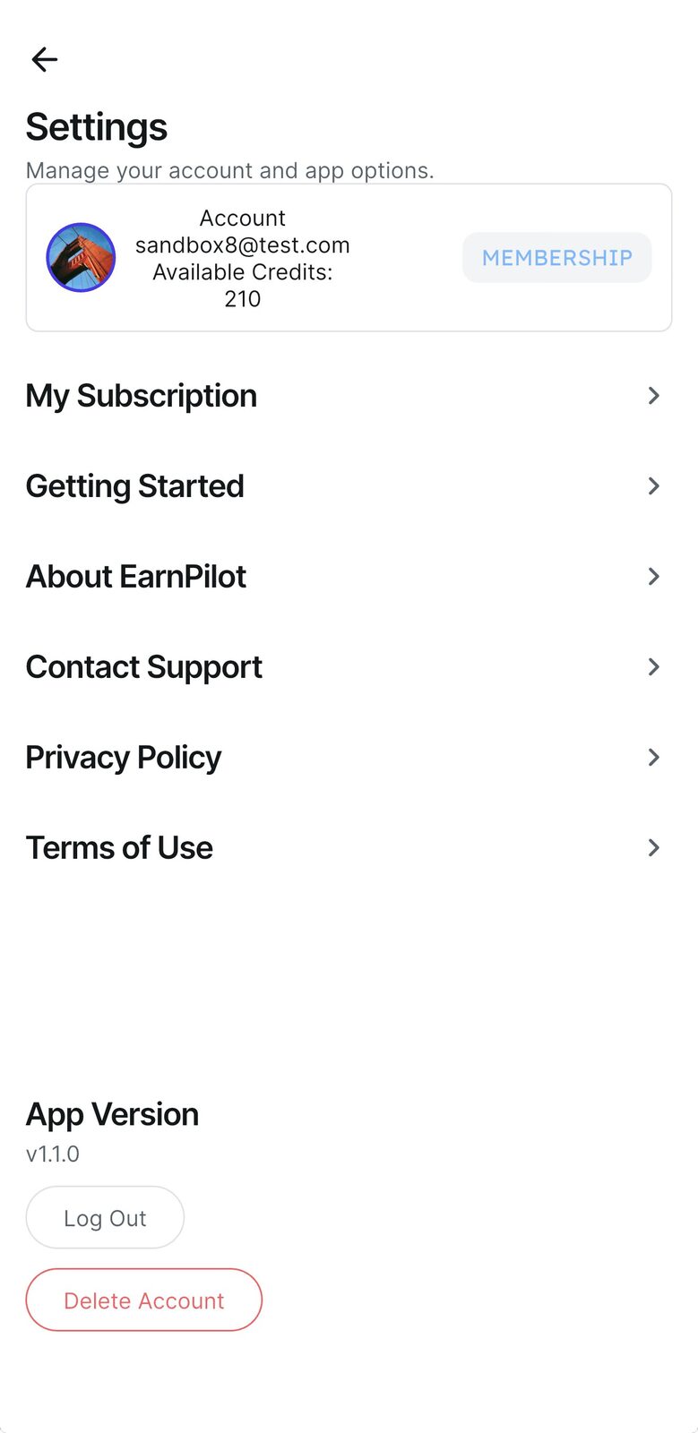 EarnPilot Settings screen listing subscription, resources, and account options