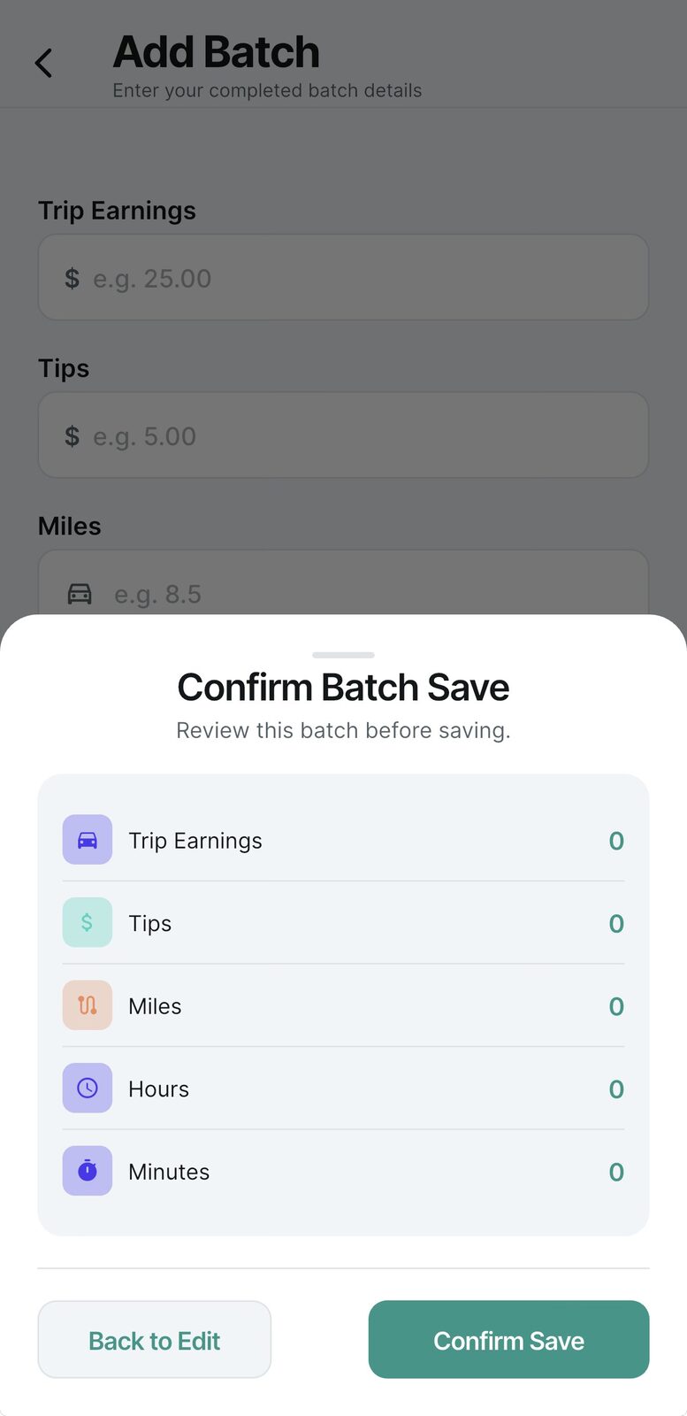 EarnPilot batch confirmation screen summarizing entered values before saving