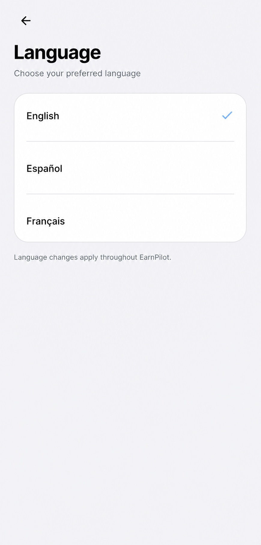 EarnPilot language selection screen in English
