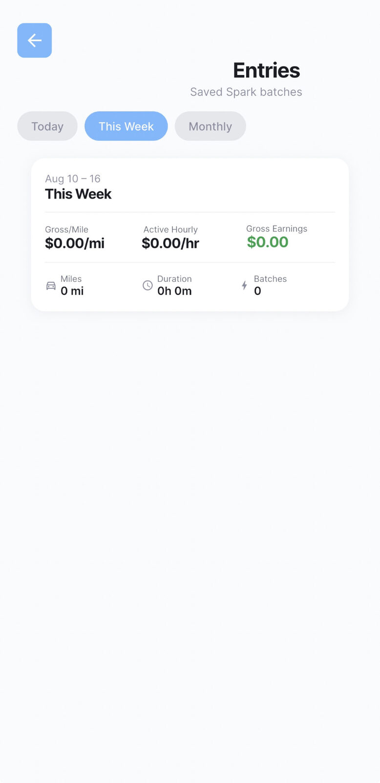 EarnPilot Entries screen with Today, This Week, and Monthly summary tabs