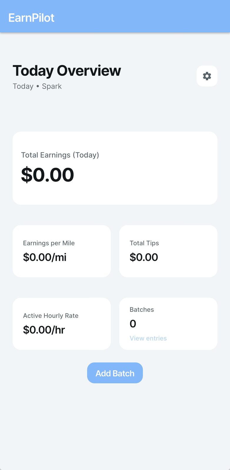 EarnPilot Today Overview screen showing earnings, tips, and hourly rate