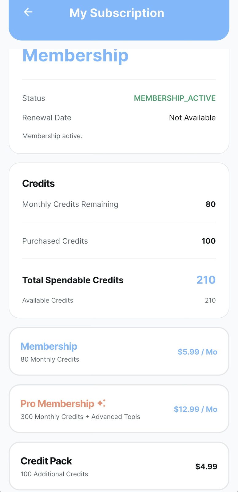 EarnPilot My Subscription screen showing credit balances and plan options