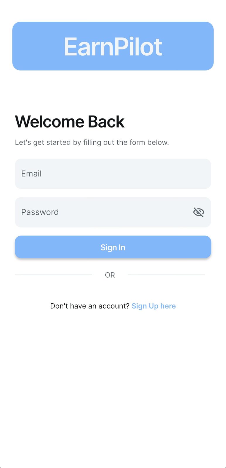 EarnPilot sign in screen with email and password fields